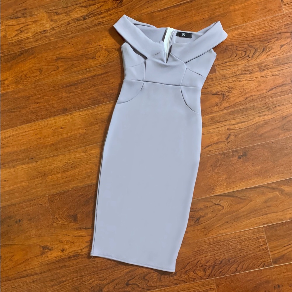 lilac v front bardot midi dress